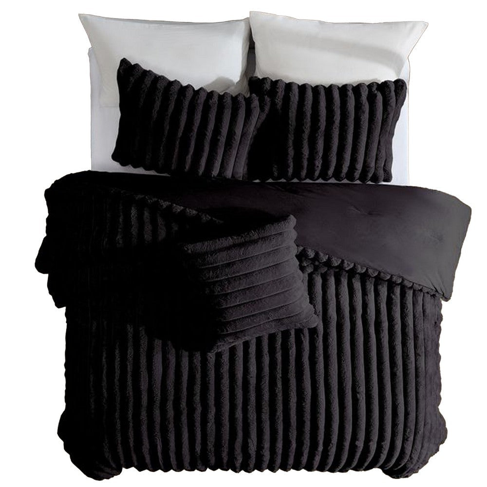 Sieno 4pc Queen Comforter Set | Shams | Black Faux Fur Micro Mink Back