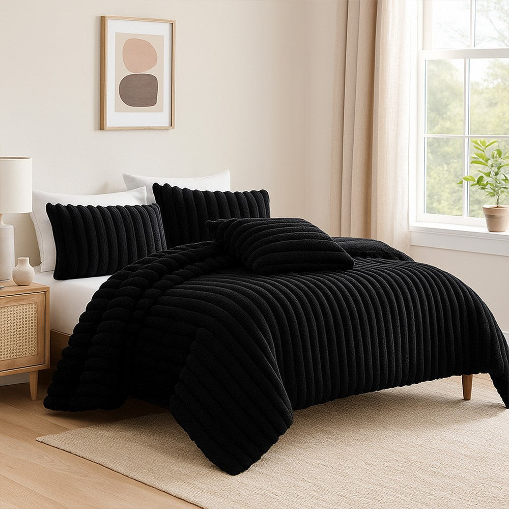 Sieno 4pc Queen Comforter Set | Shams | Black Faux Fur Micro Mink Back