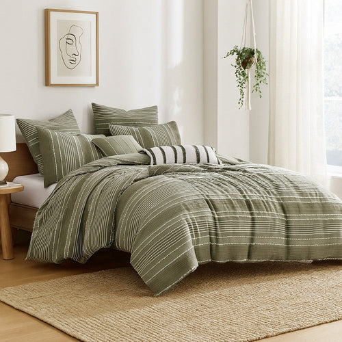 Meo 5pc King Size Comforter Set | Green Textured Woven Jacquard Stripe