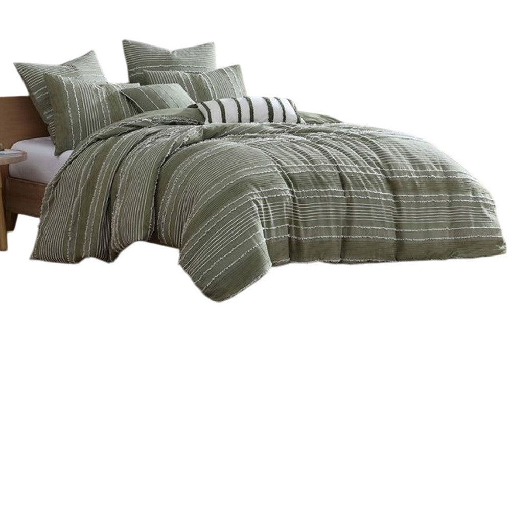 Meo 5pc King Size Comforter Set | Green Textured Woven Jacquard Stripe