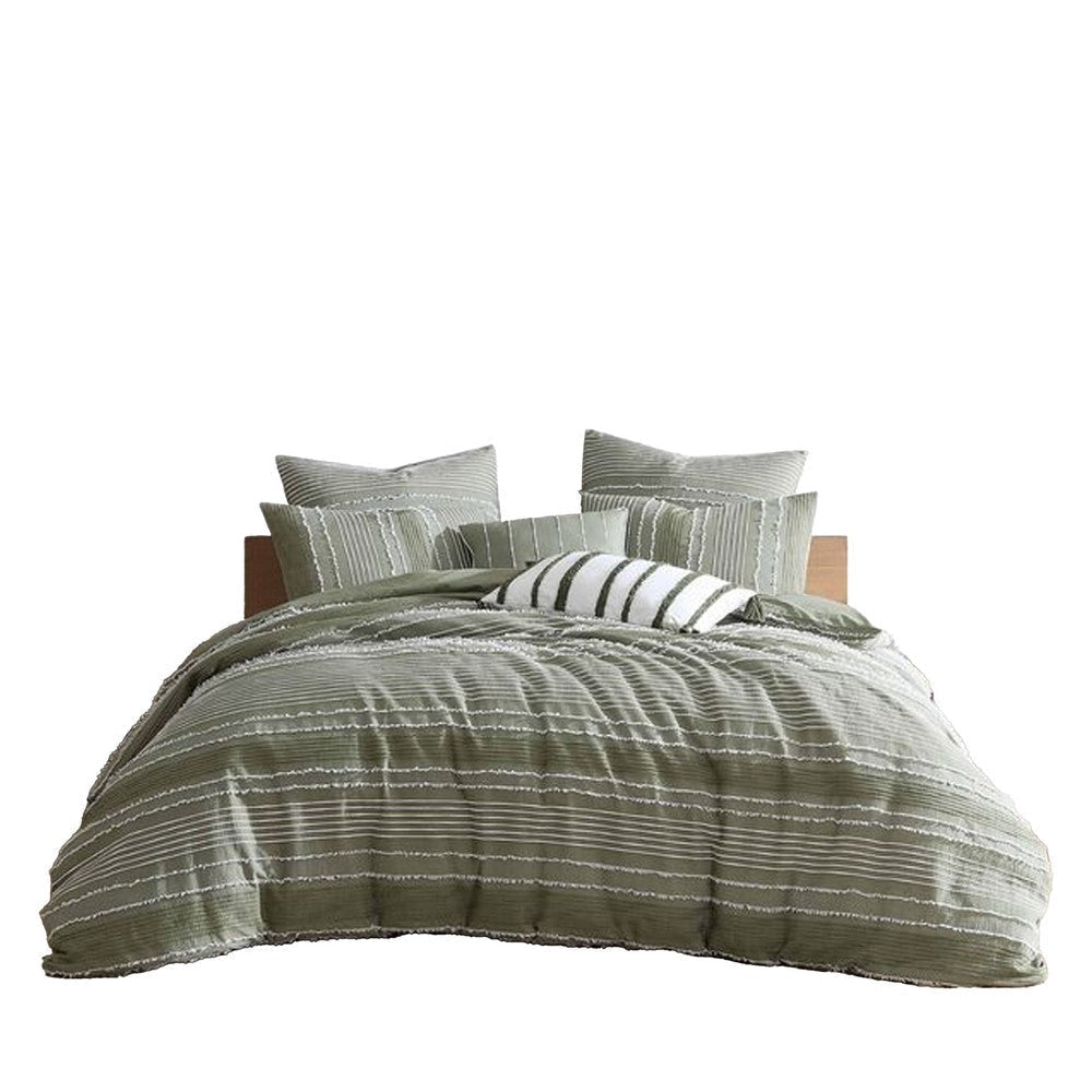 Meo 5pc Queen Comforter Set | Green Textured Woven Jacquard Stripe
