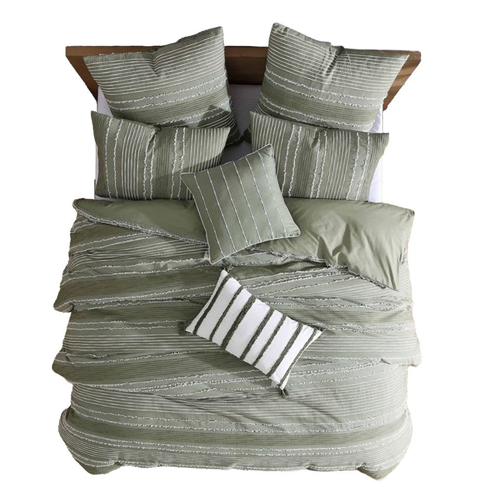 Meo 5pc Queen Comforter Set | Green Textured Woven Jacquard Stripe