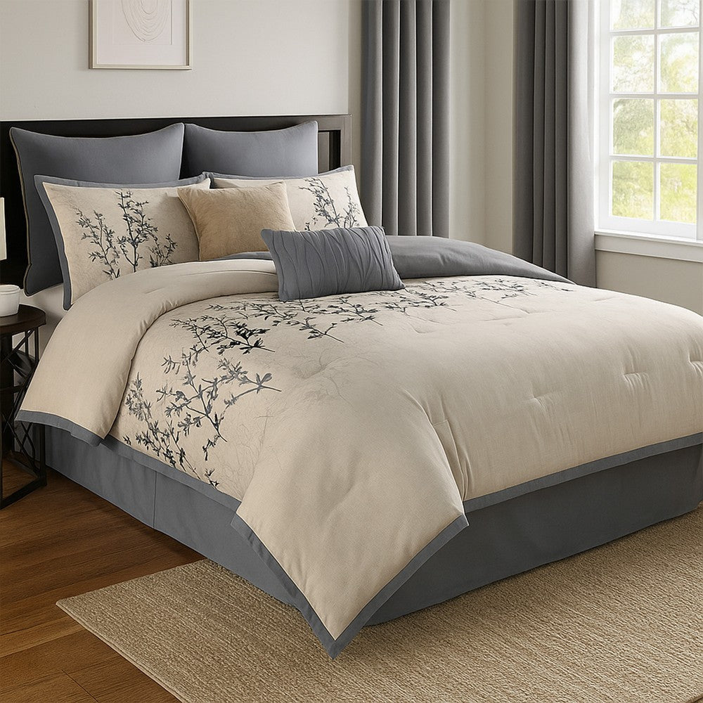 Yedy 8pc King Size Comforter Set | Blue and Cream Floral Embroidery