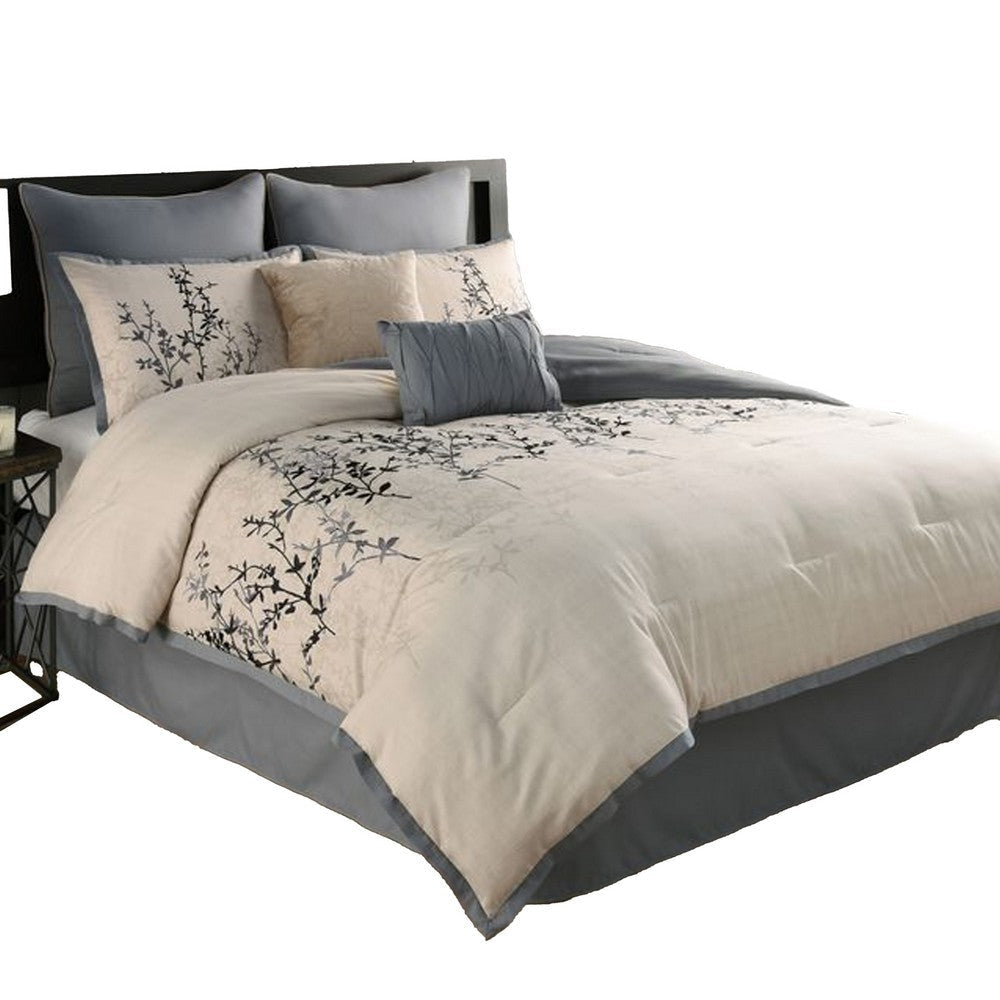 Yedy 8pc King Size Comforter Set | Blue and Cream Floral Embroidery