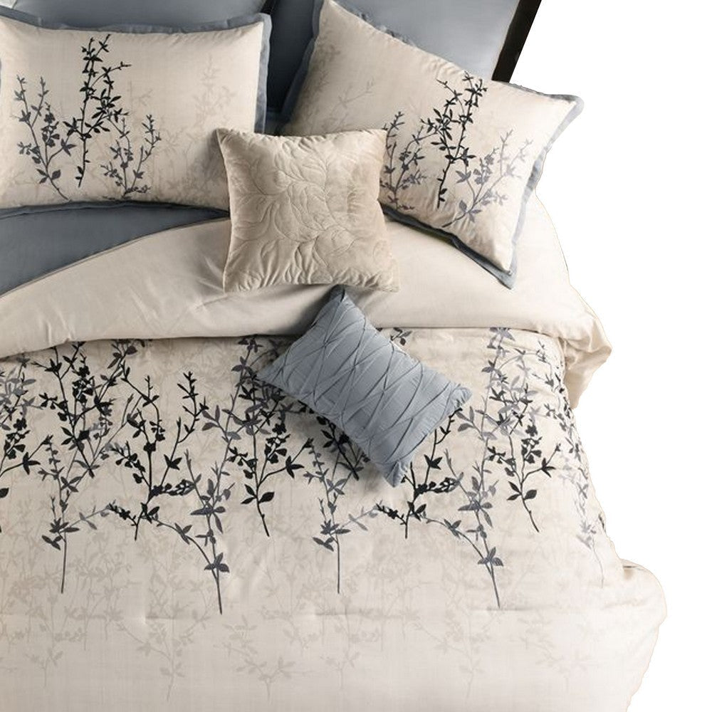 Yedy 8pc Queen Size Comforter Set | Blue and Cream Floral Embroidery