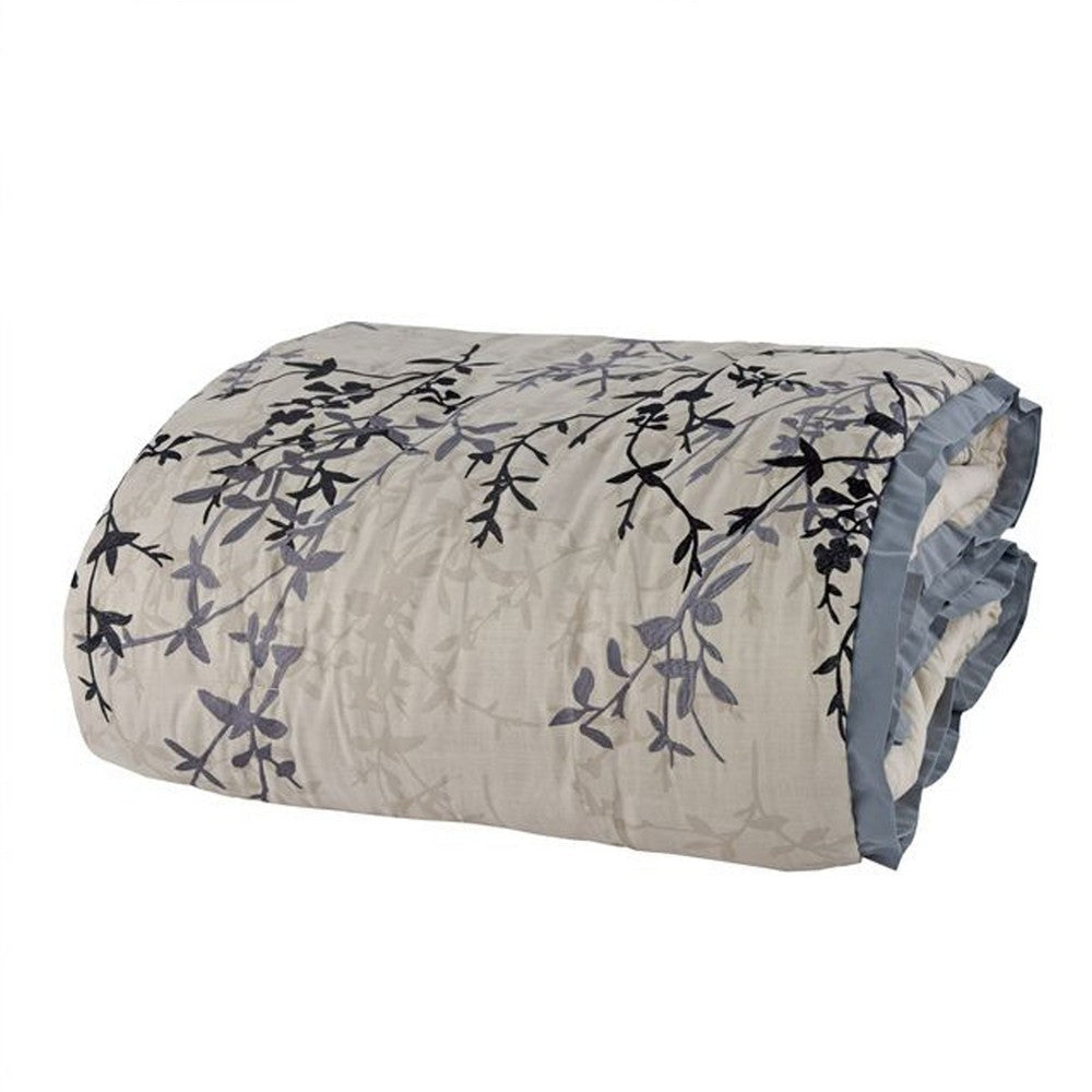 Yedy 8pc Queen Size Comforter Set | Blue and Cream Floral Embroidery