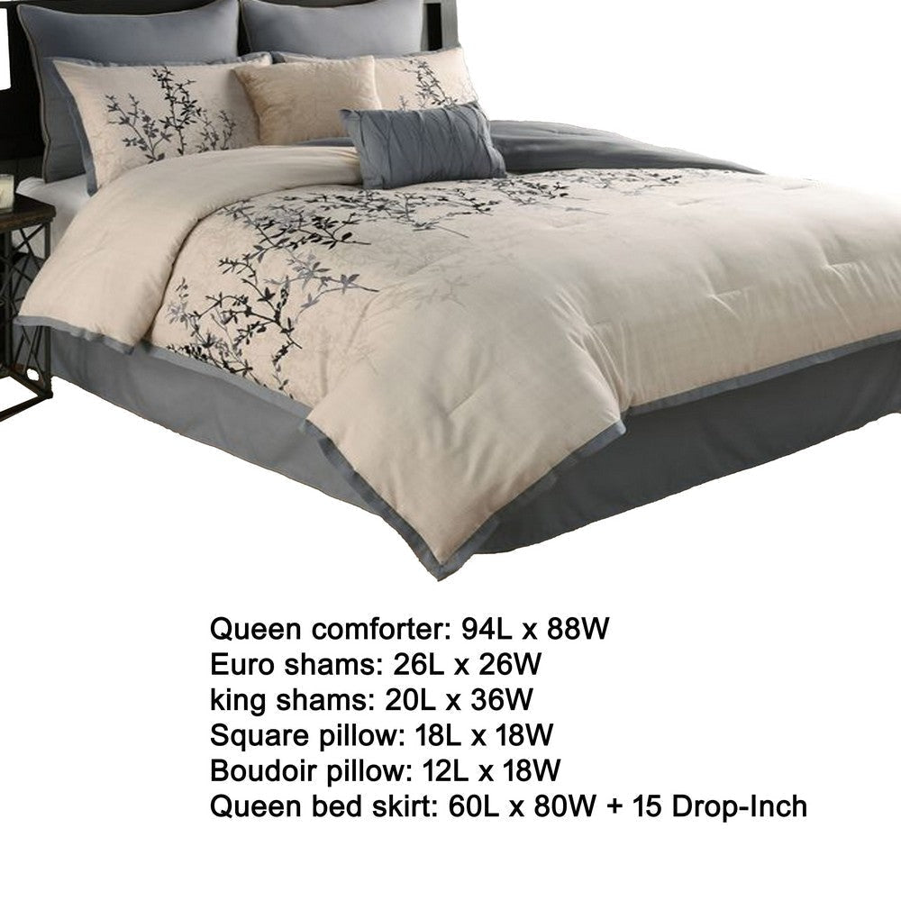 Yedy 8pc Queen Size Comforter Set | Blue and Cream Floral Embroidery