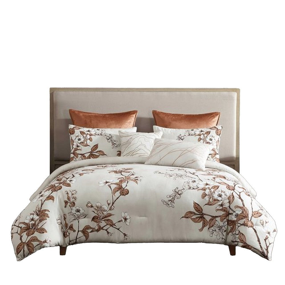 Jenya 5pc Queen Comforter Set with Shams | Floral Print | White