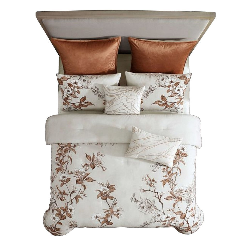Jenya 5pc Queen Comforter Set with Shams | Floral Print | White