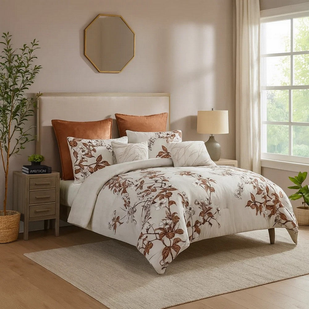 Jenya 5pc Queen Comforter Set with Shams | Floral Print | White