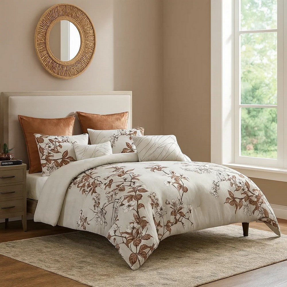 Jenya 5pc Queen Comforter Set with Shams | Floral Print | White