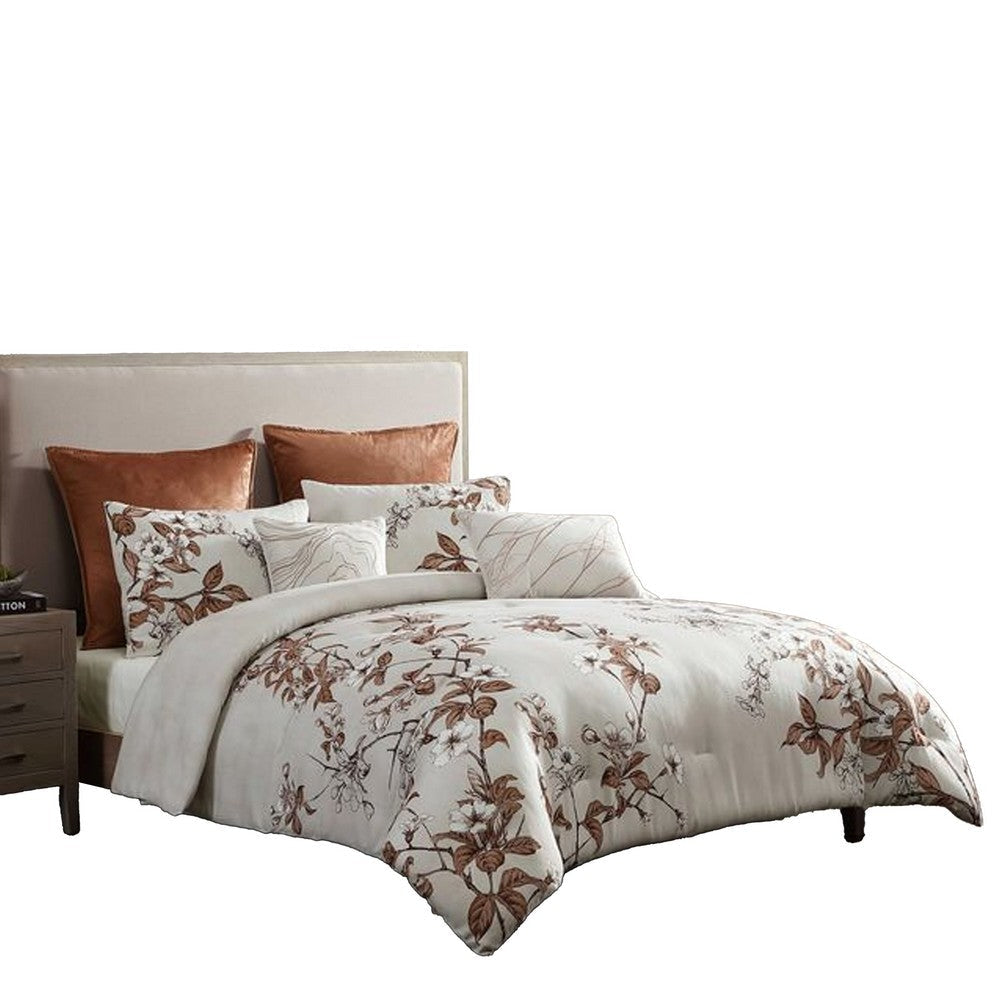 Jenya 5pc Queen Comforter Set with Shams | Floral Print | White