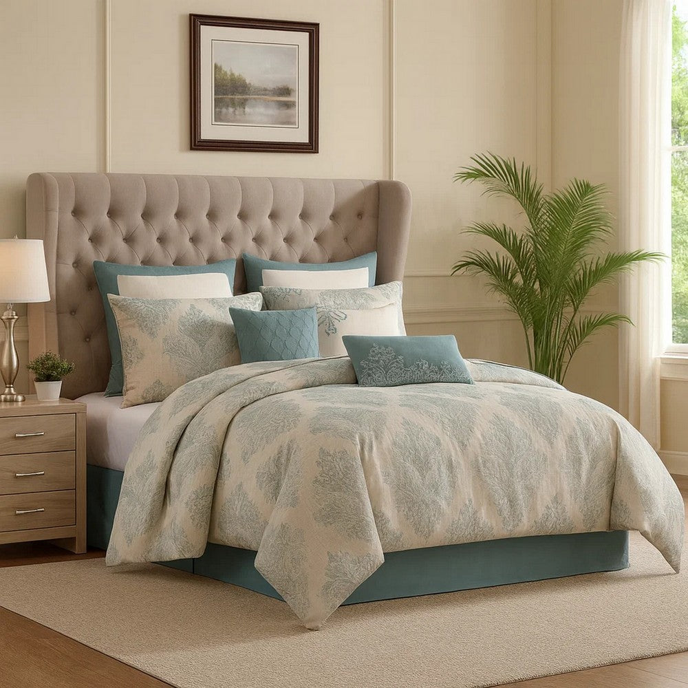 Regy 10pc Queen Size Comforter Set with Shams | Blue Gray Medallion