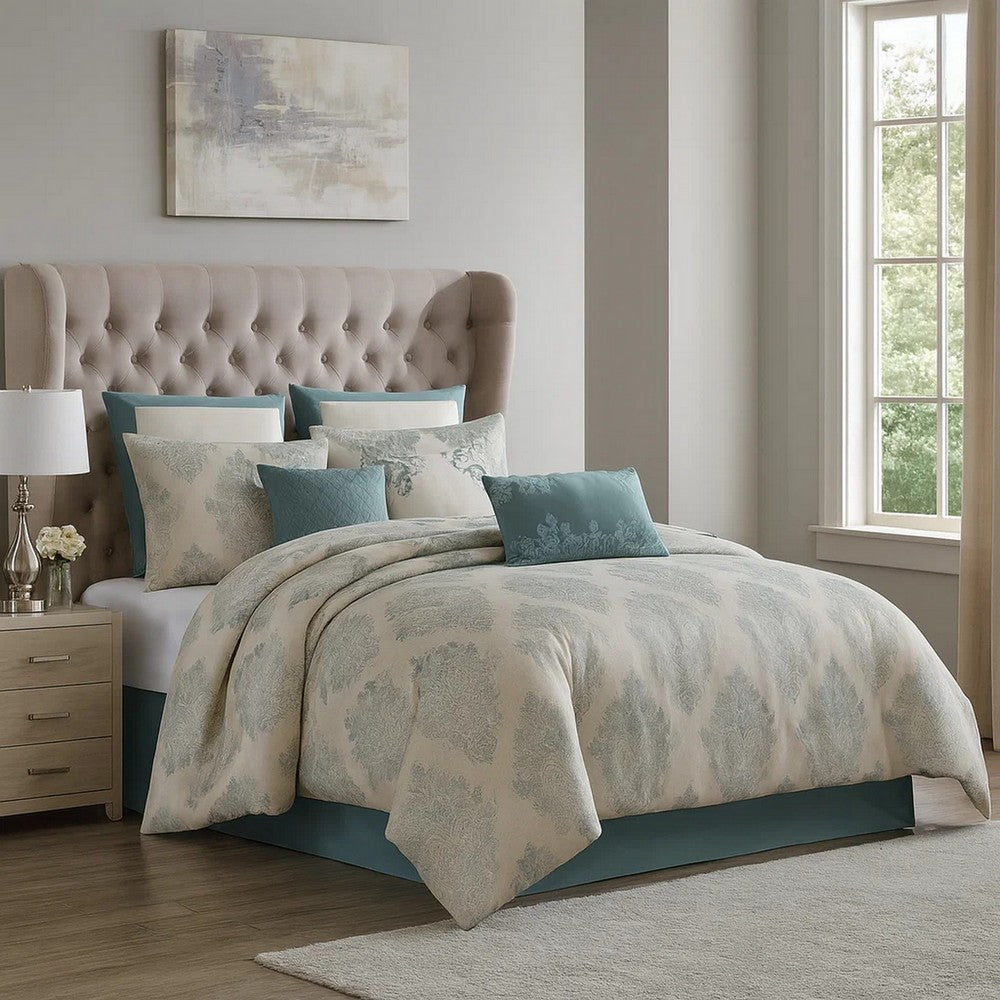 Regy 10pc Queen Size Comforter Set with Shams | Blue Gray Medallion