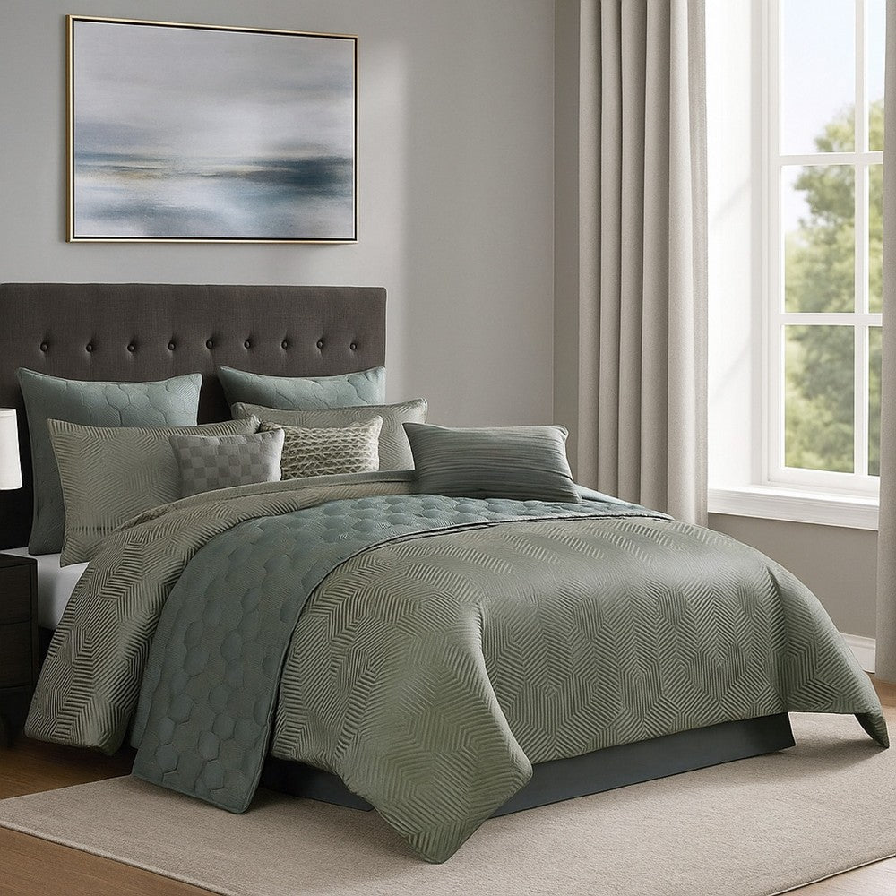 Mely 10pc Coverlet King Comforter Set | Shams | Green Woven Jacquard