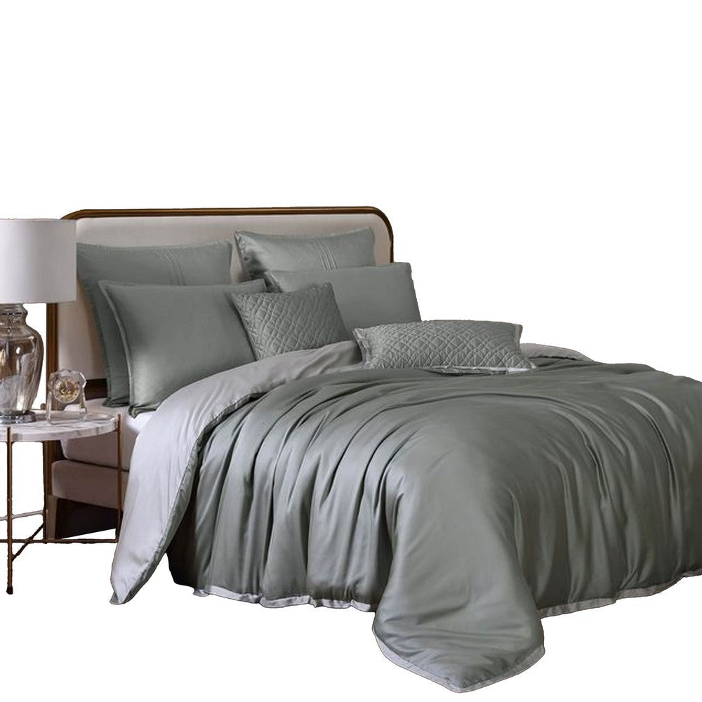 Keo 9pc King Comforter Set | Reversible | Shams Sage Gray Silky Fabric
