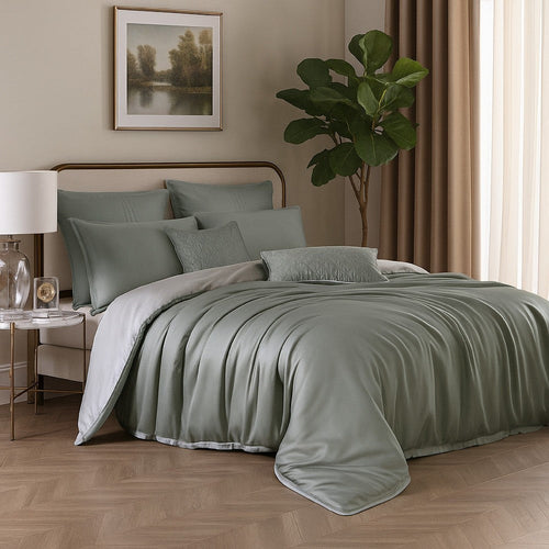Keo 8pc Queen Comforter Set | Reversible | Shams | Gray Silky Fabric