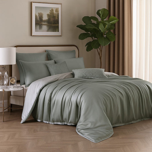Keo 8pc Queen Comforter Set | Reversible | Shams | Gray Silky Fabric