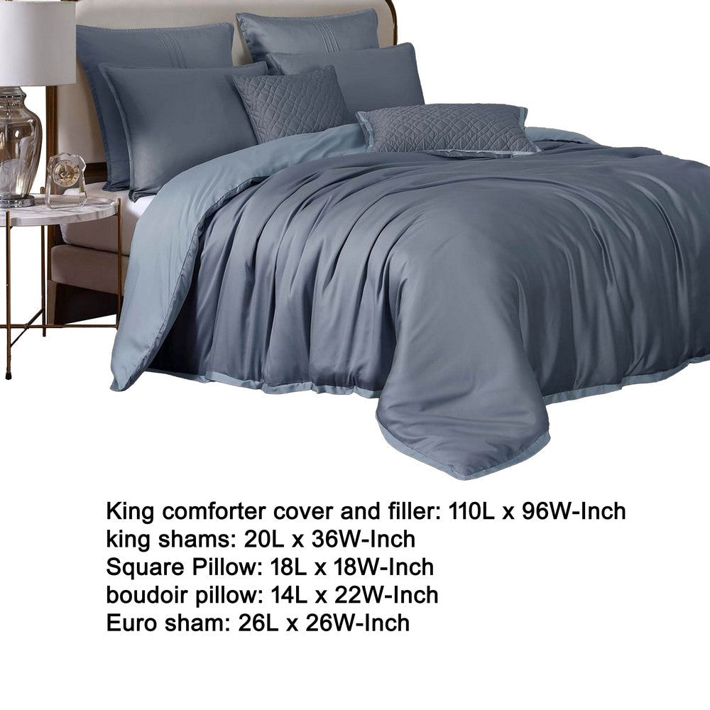 Keo 9pc King Comforter Set | Reversible | Shams | Blue Silky Fabric