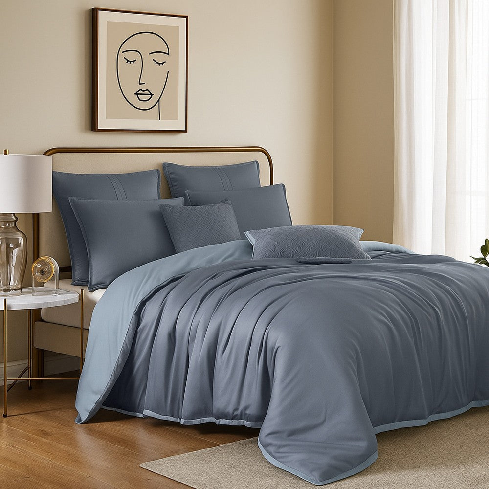 Keo 8pc Queen Comforter Set | Reversible | Shams | Blue Silky Fabric