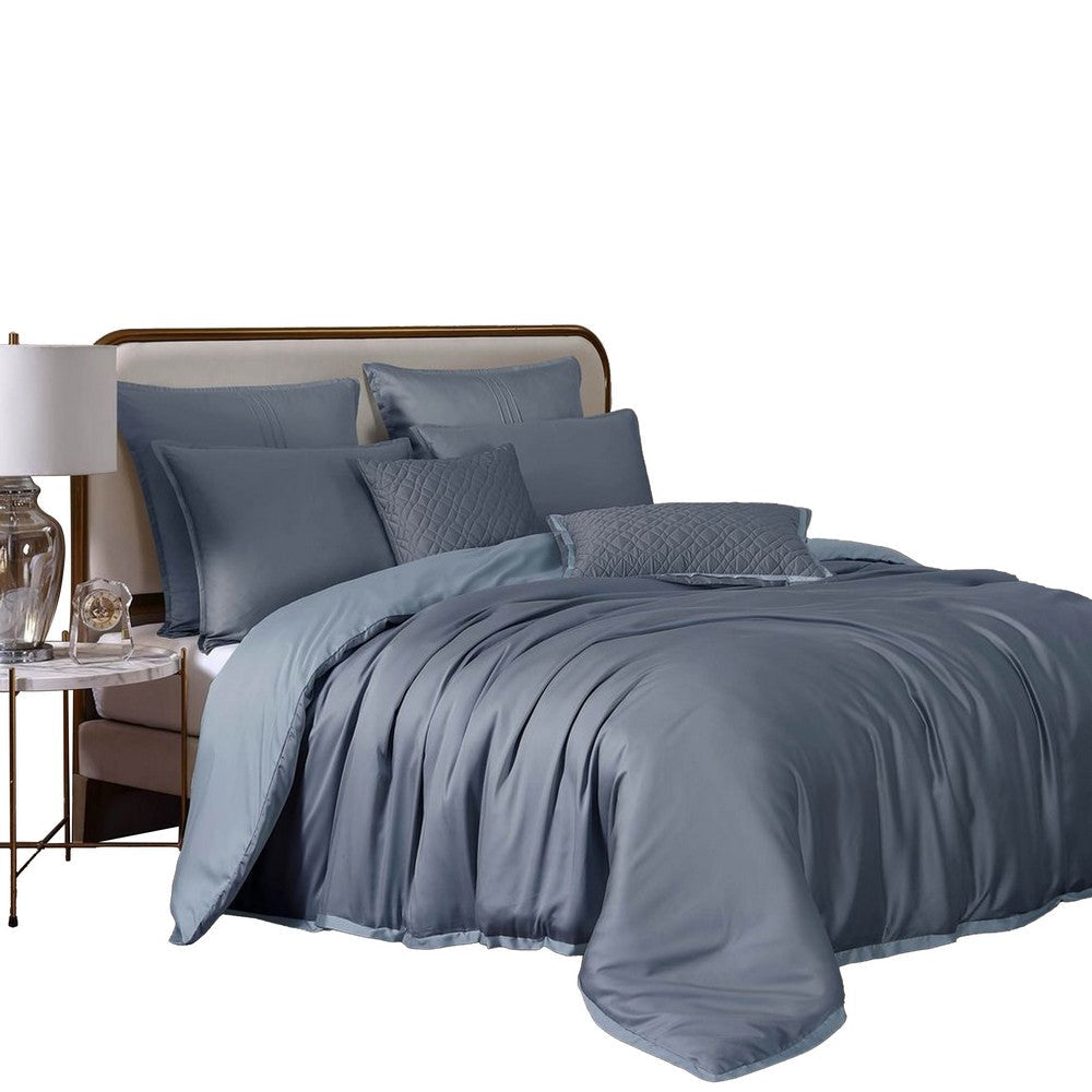 Keo 8pc Queen Comforter Set | Reversible | Shams | Blue Silky Fabric