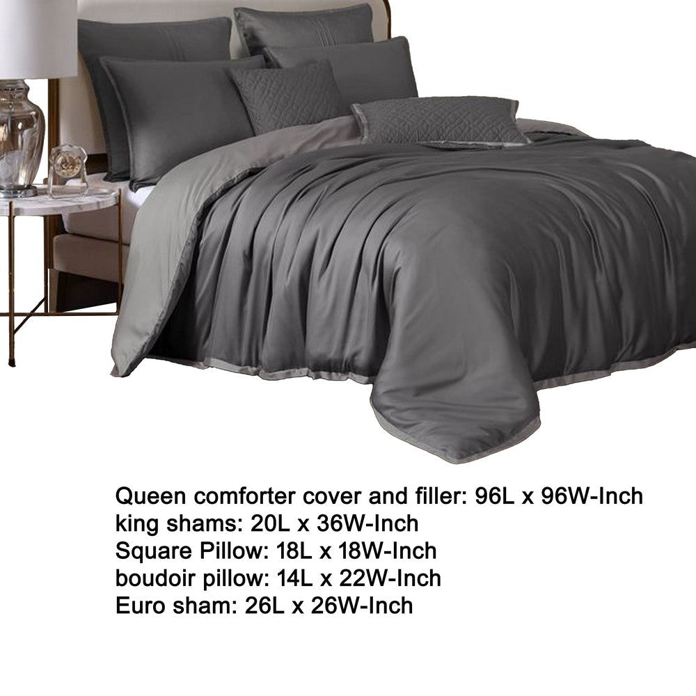 Keo 8pc Queen Comforter Set | Reversible | Shams | Silky Charcoal Gray