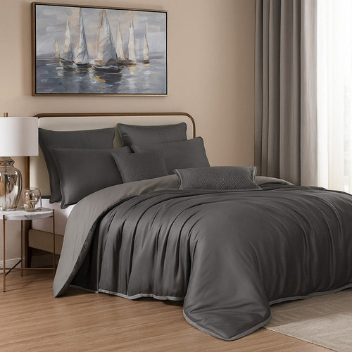 Keo 8pc Queen Comforter Set | Reversible | Shams | Silky Charcoal Gray