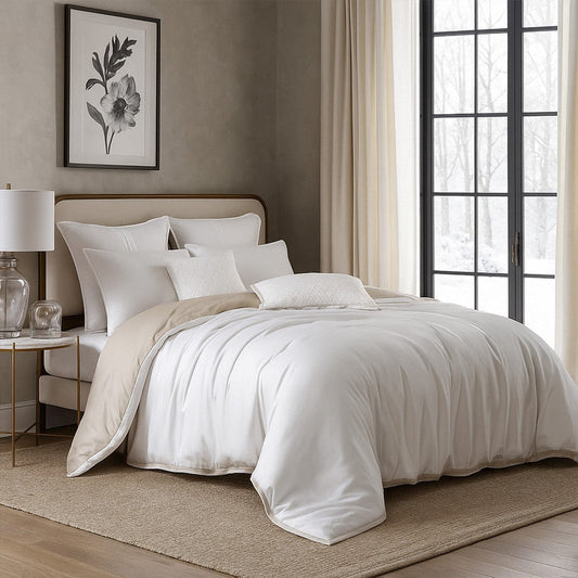 Keo 8pc Queen Comforter Set | Reversible | Shams | Silky Ivory White