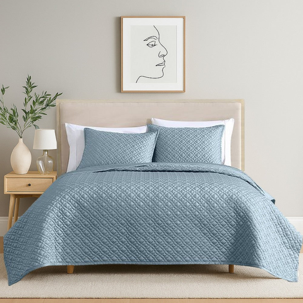 Keo 3pc King Coverlet Set | Reversible | Shams | Sky Blue Silky Fabric