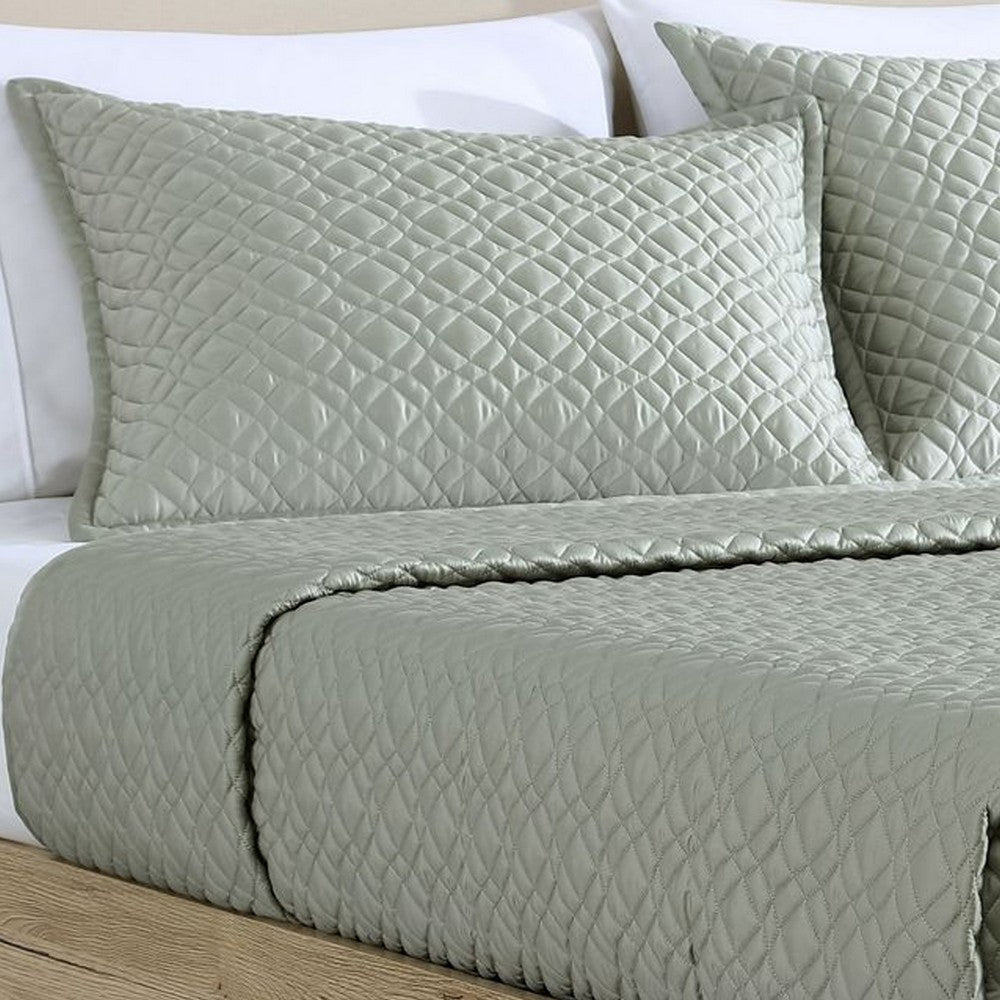 Keo 3pc Queen Coverlet Set | Reversible | Shams Sage Gray Silky Fabric