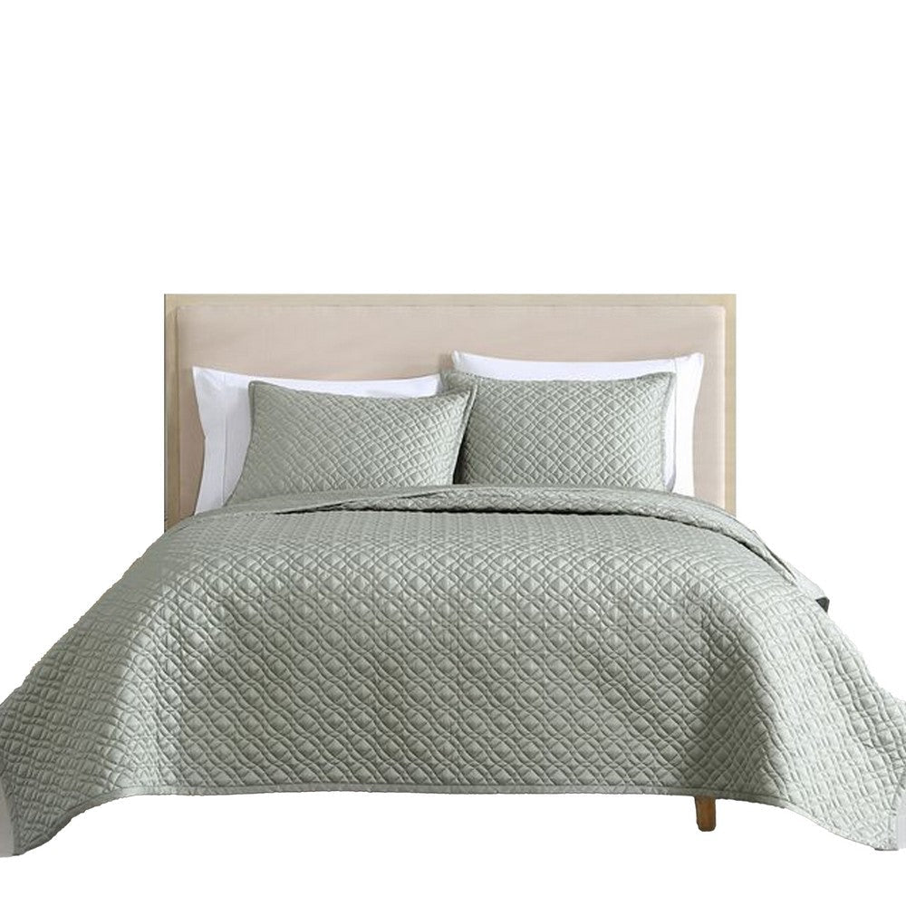 Keo 3pc Queen Coverlet Set | Reversible | Shams Sage Gray Silky Fabric