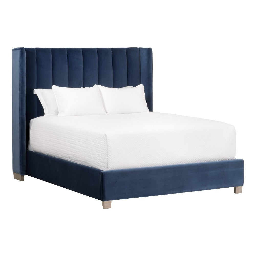 Flaw Twin Size Bed, Wingback Headboard, Navy Blue Velvet Upholstery