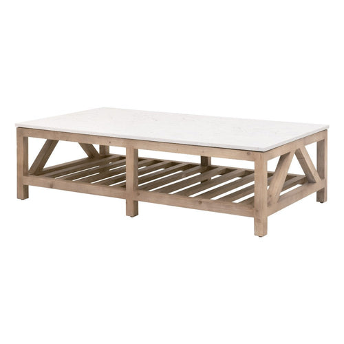 Max Coffee Table, 63 Inch White Quartz Rectangular Top, Pine Wood Base