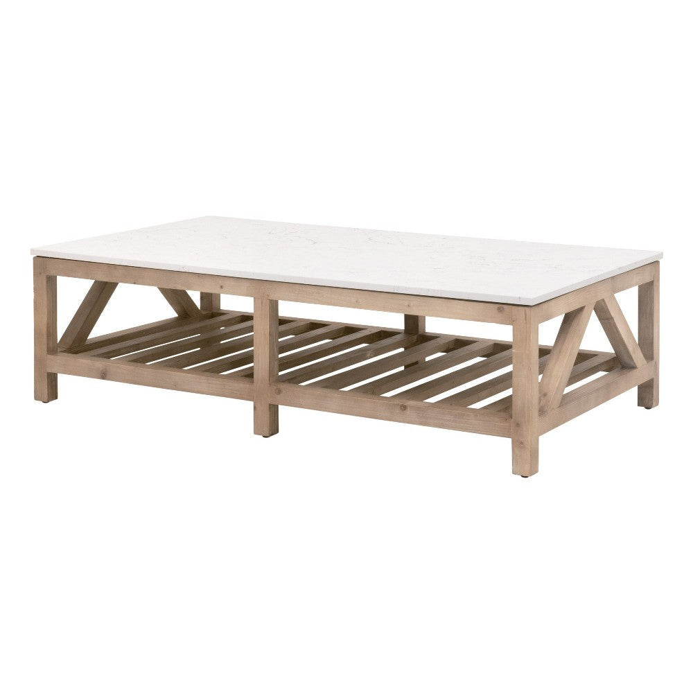 Max Coffee Table, 63 Inch White Quartz Rectangular Top, Pine Wood Base