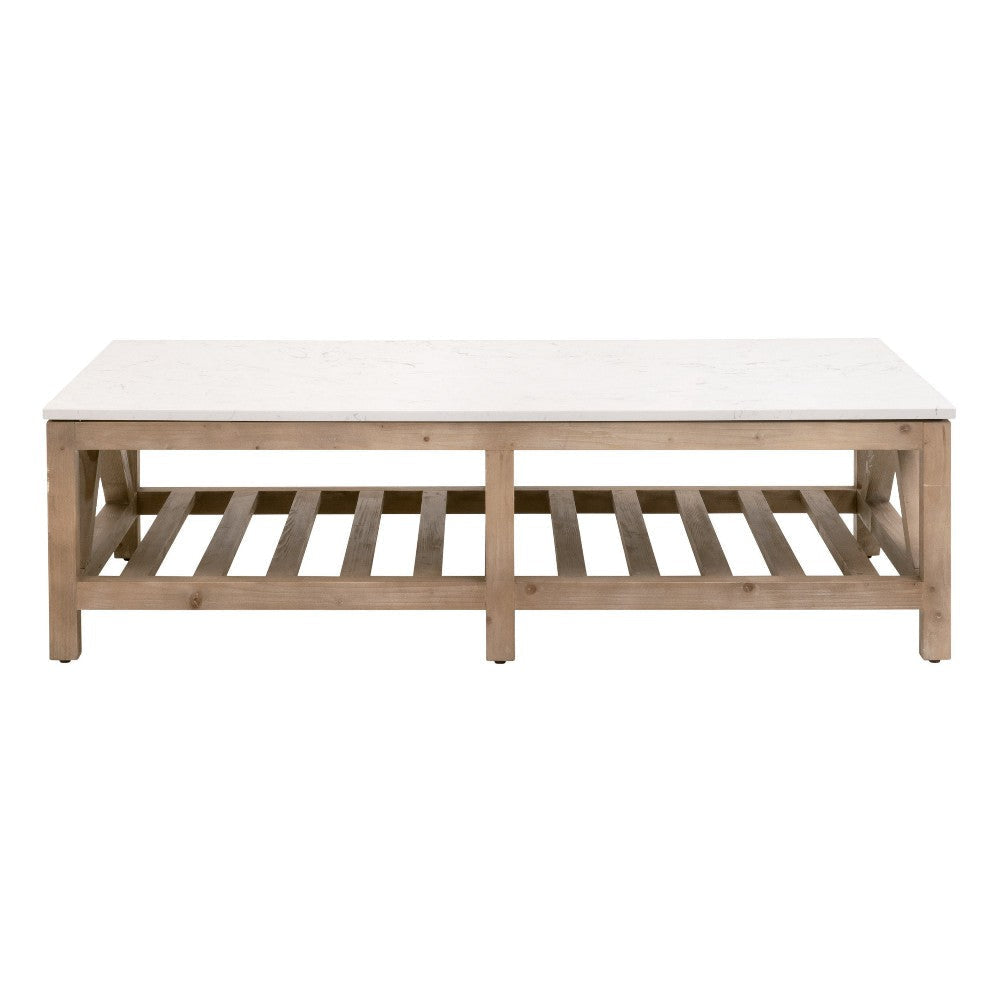 Max Coffee Table 63 Inch White Quartz Rectangular Top Pine Wood Base BM326753