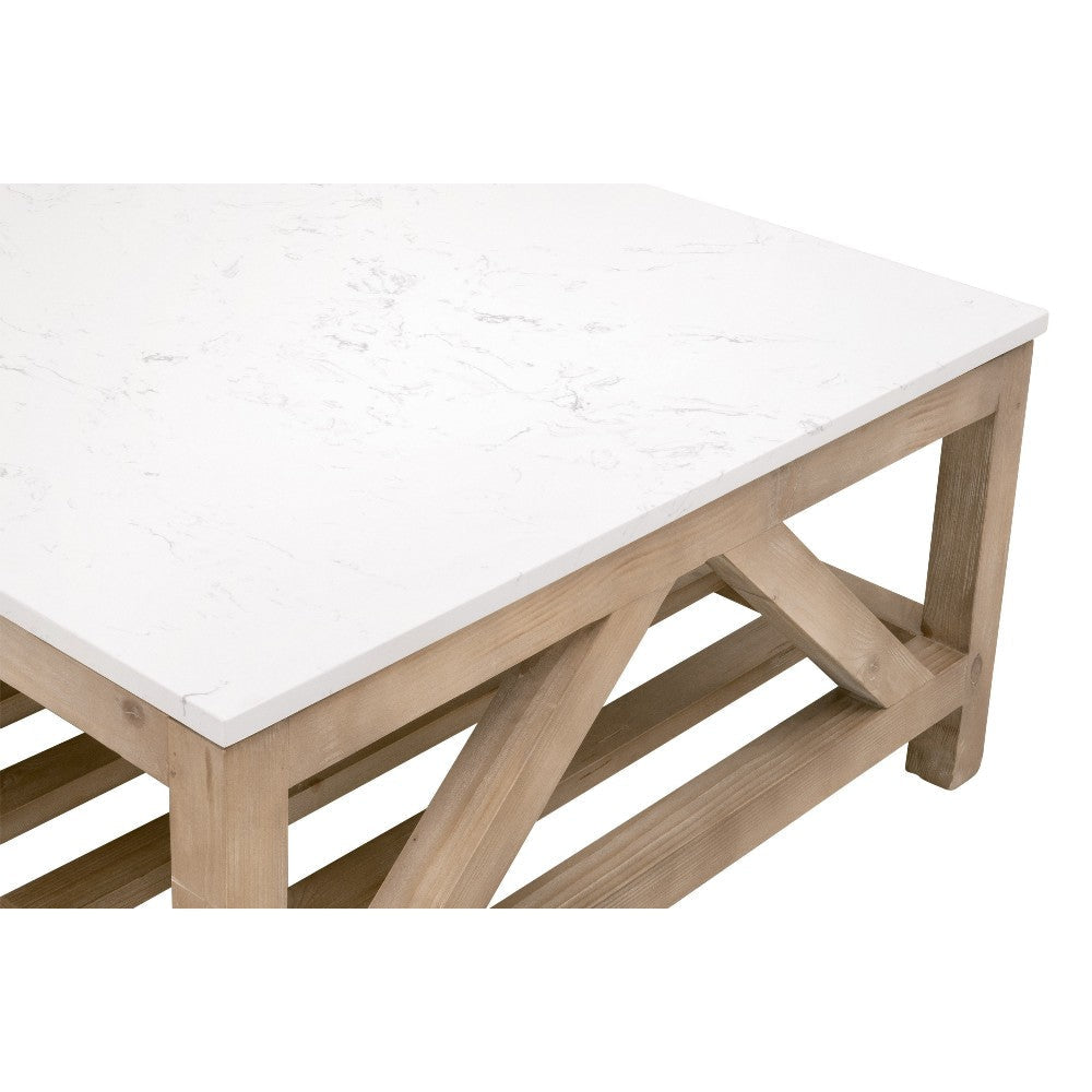 Max Coffee Table 63 Inch White Quartz Rectangular Top Pine Wood Base BM326753