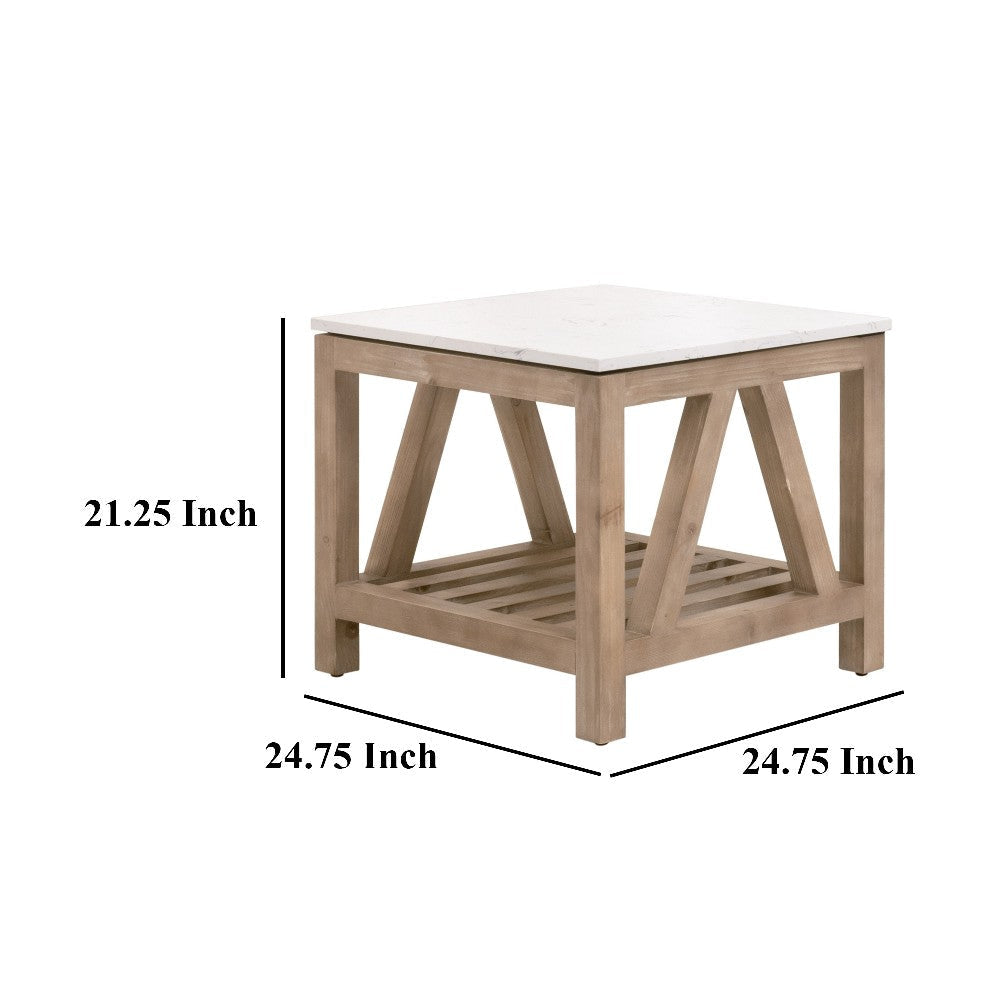 Max Side End Table 25 Inch White Quartz Square Top Pine Wood BM326755