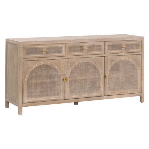 Sideboard Cabinet Media Console, 3 Door Cane Inlay, 63 Inch Gray Wood