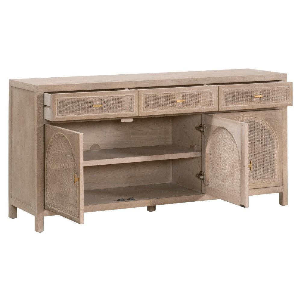 Sideboard Cabinet Media Console 3 Door Cane Inlay 63 Inch Gray Wood BM326759