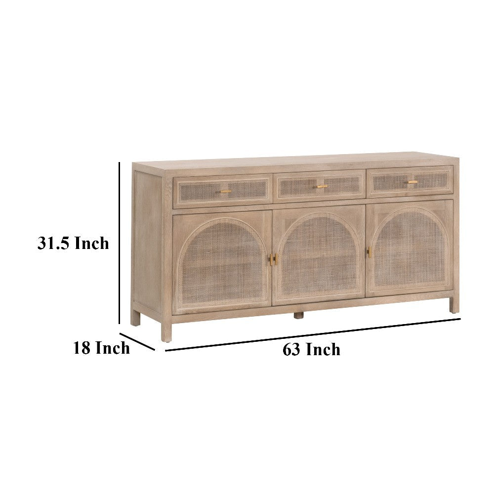 Sideboard Cabinet Media Console 3 Door Cane Inlay 63 Inch Gray Wood BM326759