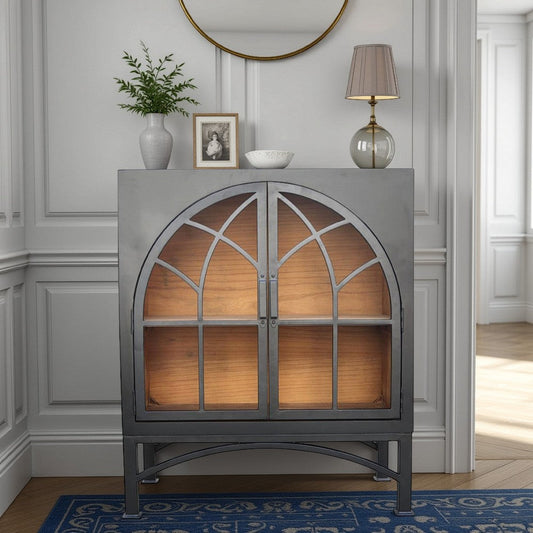 Veria Small China Cabinet, 2 Door Arch Frame, Matte Black 42 Inch