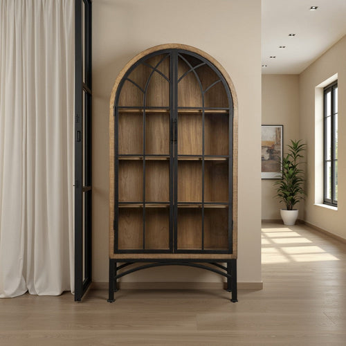 Veria China Cabinet, 2 Door Arch Frame, Antique Natural Brown, 83 Inch