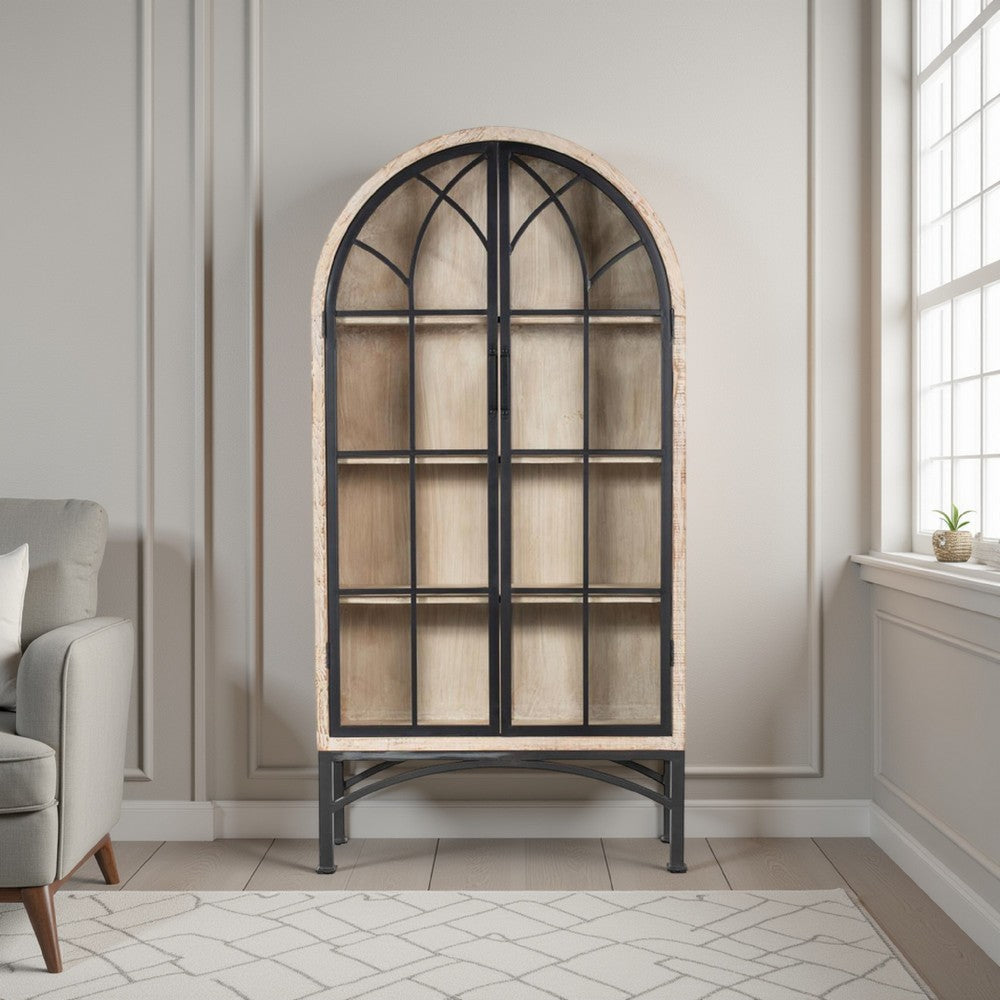 Veria China Cabinet 2 Glass Door Arch Frame Whitewash Wood 83 Inch BM326780