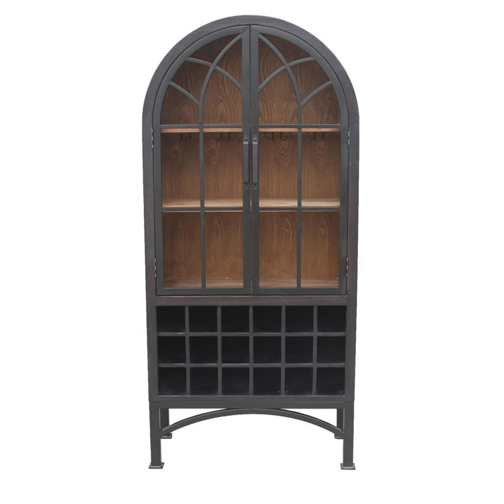 Veria Curio Wine Bar Cabinet, 2 Glass Arch Doors, Matte Black 71 Inch