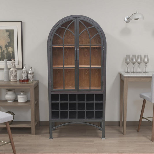 Veria Curio Wine Bar Cabinet, 2 Glass Arch Doors, Matte Black 71 Inch