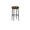 Mey Counter Stool, Brown Leather Round Seat, Black Forged Iron Base