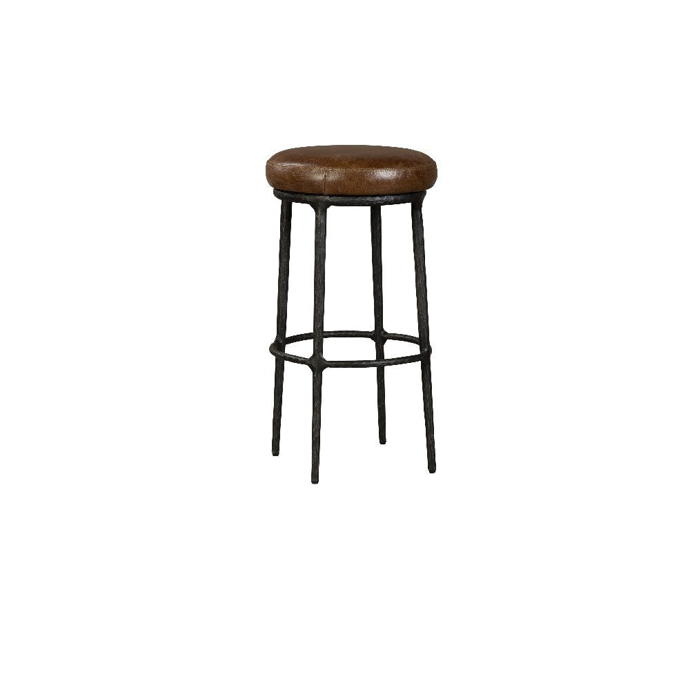 Mey Counter Stool, Brown Leather Round Seat, Black Forged Iron Base