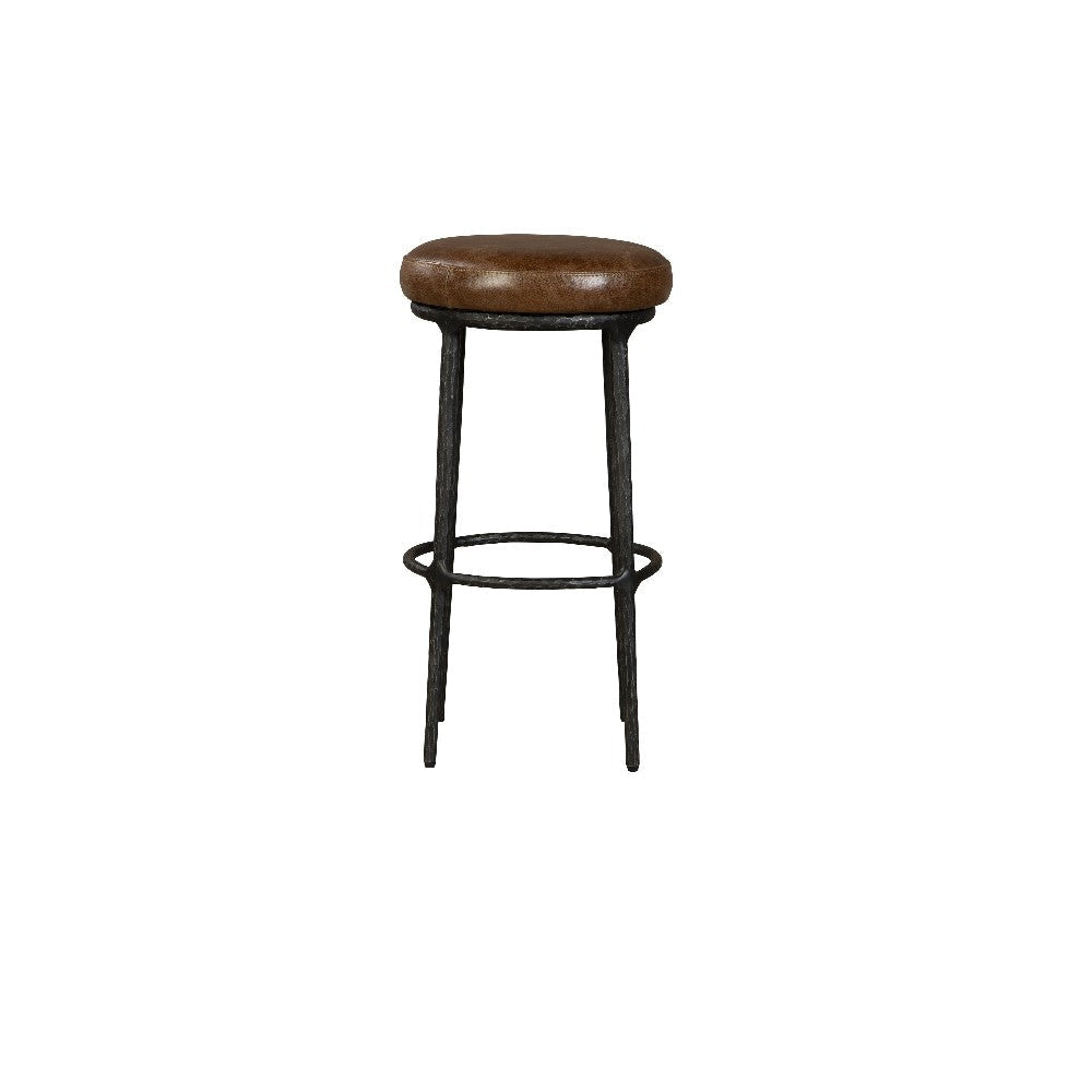 Mey Counter Stool Brown Leather Round Seat Black Forged Iron Base BM326791
