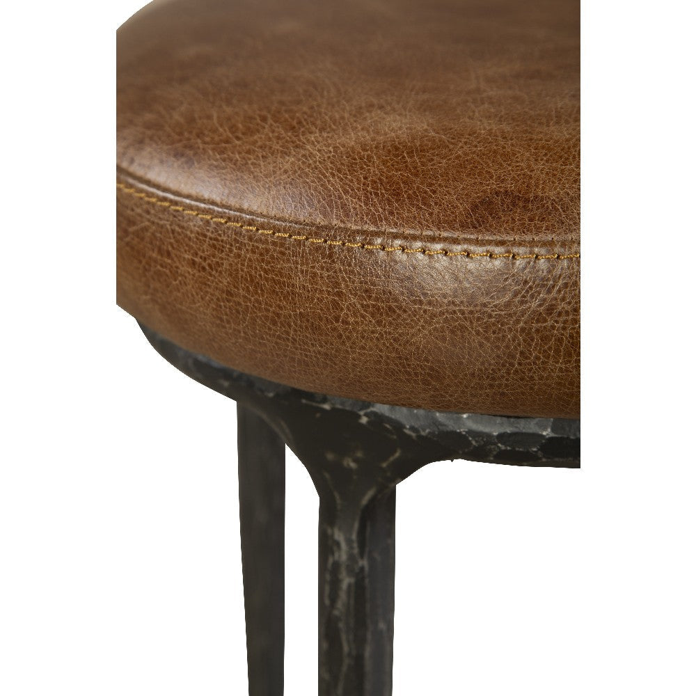 Mey Counter Stool Brown Leather Round Seat Black Forged Iron Base BM326791