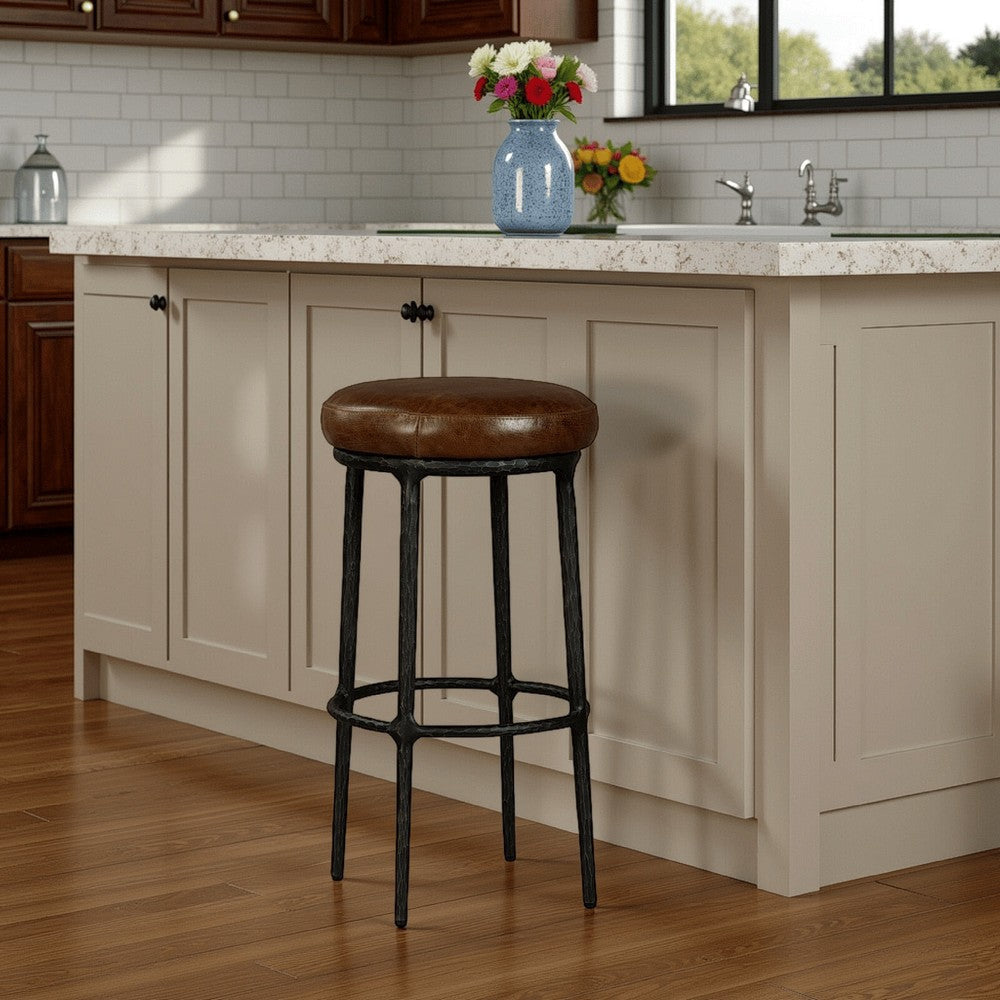 Mey Counter Stool, Brown Leather Round Seat, Black Forged Iron Base